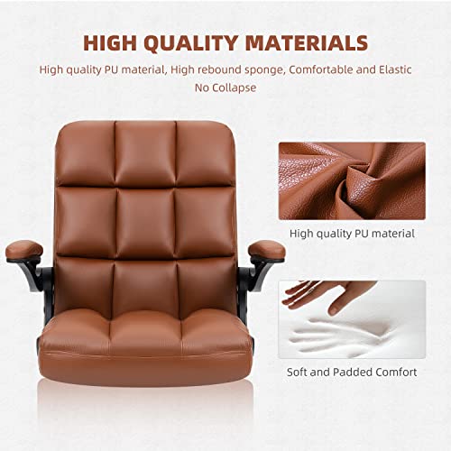 YAMASORO Office Chair Home Desk Chairs with Wheels Executive PU Leather Swivel Chair with Adjustable Height and Flip-up Arms for Adult and Teens,Portable Brown