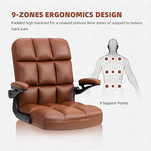YAMASORO Office Chair Home Desk Chairs with Wheels Executive PU Leather Swivel Chair with Adjustable Height and Flip-up Arms for Adult and Teens,Portable Brown