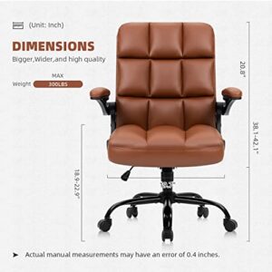 YAMASORO Office Chair Home Desk Chairs with Wheels Executive PU Leather Swivel Chair with Adjustable Height and Flip-up Arms for Adult and Teens,Portable Brown