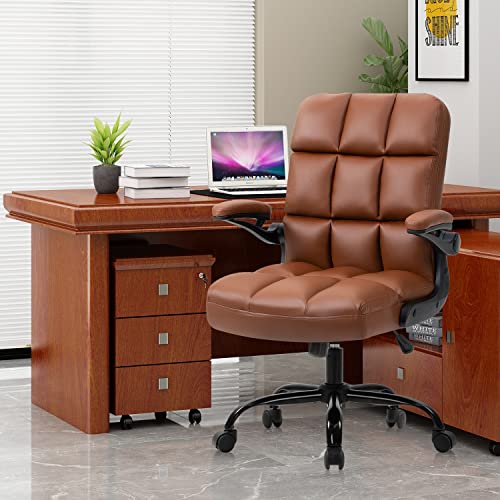 YAMASORO Office Chair Home Desk Chairs with Wheels Executive PU Leather Swivel Chair with Adjustable Height and Flip-up Arms for Adult and Teens,Portable Brown