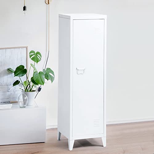 FurnitureR Commercial Metal Storage Organizer Scandinavian File Cabinet Chest Floor Standing 54.1 inches1 Door 3 Shelves Removable, Home Office White