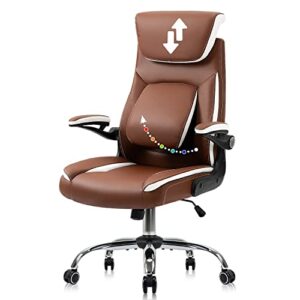 yamasoro executive office chair ergonomic chair with lumbar support, pu leather home office desk chairs with flip up arms and wheels, camel