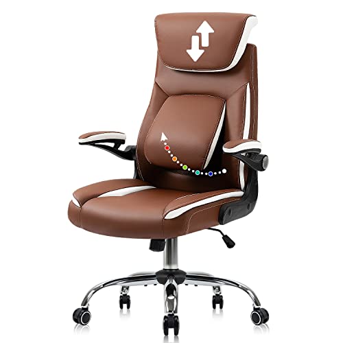 YAMASORO Executive Office Chair Ergonomic Chair with Lumbar Support, PU Leather Home Office Desk Chairs with Flip up Arms and Wheels, Camel