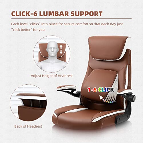 YAMASORO Executive Office Chair Ergonomic Chair with Lumbar Support, PU Leather Home Office Desk Chairs with Flip up Arms and Wheels, Camel