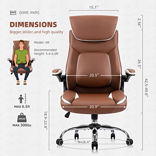 YAMASORO Executive Office Chair Ergonomic Chair with Lumbar Support, PU Leather Home Office Desk Chairs with Flip up Arms and Wheels, Camel