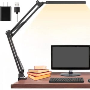 Glotrasol LED Desk Lamp with Clamp, Large Bright Desk Light, Swing Arm Eye Caring Table Lamp, Dimmable Foldable 360 Degree Spin USB Adapter Clip on for Home, Office Work, 3 Color Mode,10 Brightness