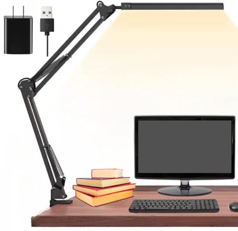 Glotrasol LED Desk Lamp with Clamp, Large Bright Desk Light, Swing Arm Eye Caring Table Lamp, Dimmable Foldable 360 Degree Spin USB Adapter Clip on for Home, Office Work, 3 Color Mode,10 Brightness