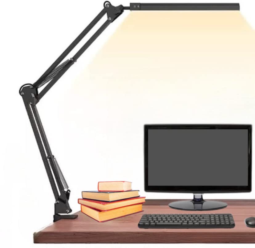 Glotrasol LED Desk Lamp with Clamp, Large Bright Desk Light, Swing Arm Eye Caring Table Lamp, Dimmable Foldable 360 Degree Spin USB Adapter Clip on for Home, Office Work, 3 Color Mode,10 Brightness