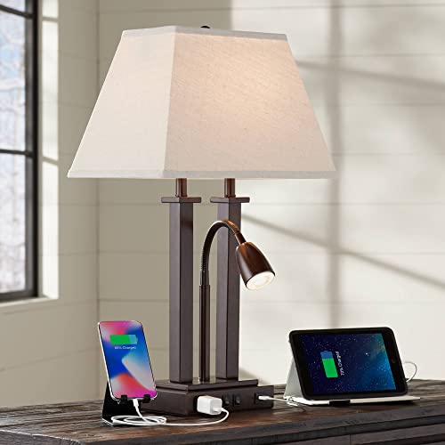 Possini Euro Design Deacon Modern Desk Table Lamp with USB and AC Power Outlet in Base Gooseneck LED 26" High Bronze Rectangular Linen Shade for Living Room Bedroom House Bedside Nightstand Home