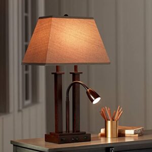 Possini Euro Design Deacon Modern Desk Table Lamp with USB and AC Power Outlet in Base Gooseneck LED 26" High Bronze Rectangular Linen Shade for Living Room Bedroom House Bedside Nightstand Home