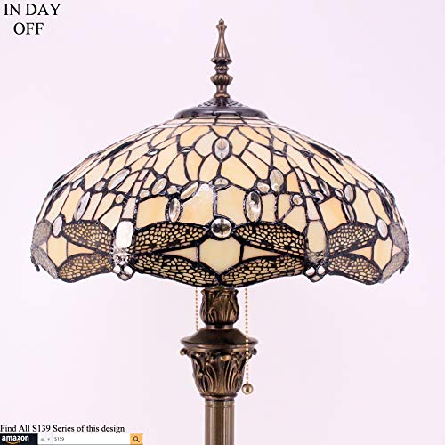 WERFACTORY Tiffany Floor Lamp Dragonfly Cream Stained Glass Standing Reading Light 16X16X64 Inches Antique Pole Corner Lamp Decor Bedroom Living Room Home Office S139 Series