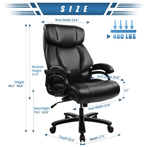 Big and Tall 400lb Bonded Leather Office Chair - Adjustable Lumbar Support and Rocking Function, Heavy Duty Metal Base High Back Large Ergonomic Executive Desk Computer Chair, Black