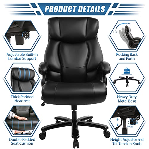 Big and Tall 400lb Bonded Leather Office Chair - Adjustable Lumbar Support and Rocking Function, Heavy Duty Metal Base High Back Large Ergonomic Executive Desk Computer Chair, Black