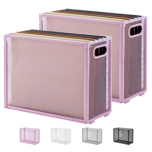 Oterri Hanging File Organizer, Portable Desktop File Organizer Mesh Detachable Foldable File Folder Organizer 12.2*5.5*9.44 inch for Letter Size Folders, File Holders for Office/Home(Pink, 2 Pack)