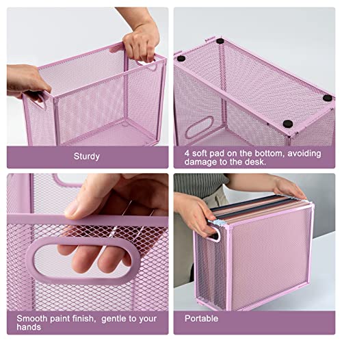 Oterri Hanging File Organizer, Portable Desktop File Organizer Mesh Detachable Foldable File Folder Organizer 12.2*5.5*9.44 inch for Letter Size Folders, File Holders for Office/Home(Pink, 2 Pack)