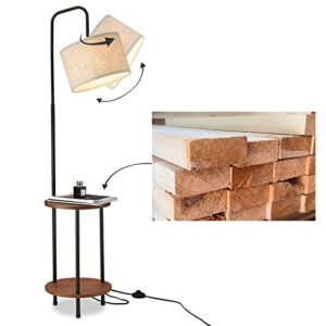 elyona modern floor lamp with end table, rubber wood bedside table lamp with adjustable drum shade, rustic tall pole shelf reading standing light for farmhouse bedroom, living room, office – walnut