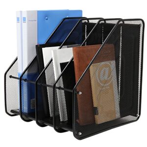 MyGift Heavy Duty Black Metal Mesh File Rack, Document and Magazine Holder with 4 Compartments