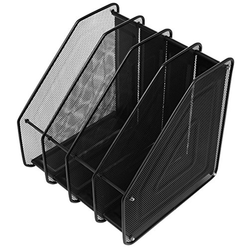 MyGift Heavy Duty Black Metal Mesh File Rack, Document and Magazine Holder with 4 Compartments