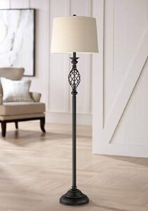 franklin iron works annie rustic farmhouse industrial vintage lamp floor standing 63″ tall bronze iron scroll font cream hardback drum shade decor for living room reading house bedroom home