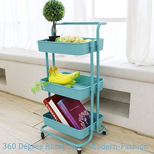 Piowio 3 Tier Utility Rolling Cart Multifunction Organizer Shelf Storage Cart with 3 Piece Cups and 8 Piece Hooks for Home Kitchen Bathroom Laundry Room Office Store etc. (Blue)