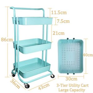 Piowio 3 Tier Utility Rolling Cart Multifunction Organizer Shelf Storage Cart with 3 Piece Cups and 8 Piece Hooks for Home Kitchen Bathroom Laundry Room Office Store etc. (Blue)