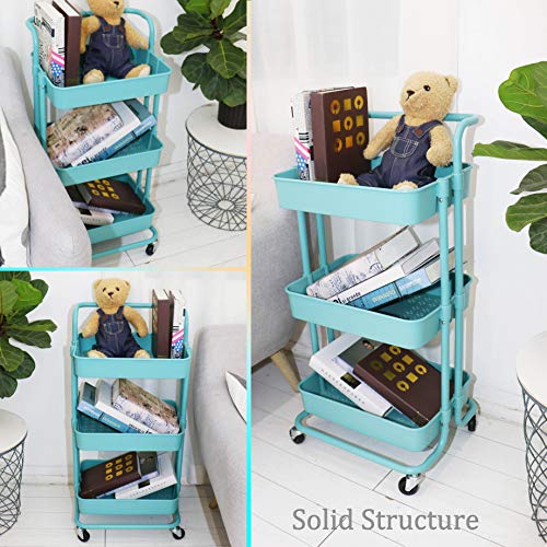 Piowio 3 Tier Utility Rolling Cart Multifunction Organizer Shelf Storage Cart with 3 Piece Cups and 8 Piece Hooks for Home Kitchen Bathroom Laundry Room Office Store etc. (Blue)