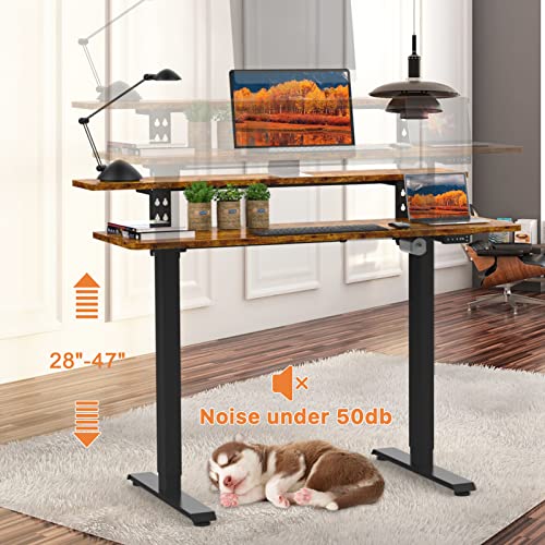 JOY worker Dual Tier Electric Standing Desk, 48" Sit Stand Desk with Adjustable Shelf, 4-Gear Height Adjustable Stand Up Desk with Memory Function, Easy Assembly Standing Workstation for Home Office