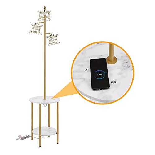 ROSEN GARDEN Tree Floor Lamp with Table USB Ports and Wireless Charging Station, Modern Dimmable Touch Control Floor Lamp with 3-Light for Living Room, Bedroom & Office