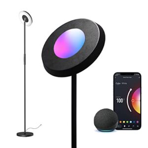 sunthin smart floor lamp, rgb torchiere floor lamp compatible with alexa & google home, 24w color changing & tunable white up-down standing lamp for bedroom, living room, entertainment rooms (black)