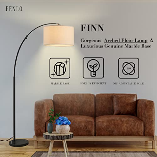 FENLO 75" Arc Floor Lamps For Living Room, Marble Standing Lamp for Bedroom, Adjustable Arched Floor Lamps, Tall Floor Lamp For Office, Luxurious Living Room Lamps, Tall Lamps For Bedroom - Finn Black