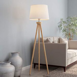 lavish home tripod floor lamp – mid-century modern décor light with led bulb and natural oak wood base – bedroom, living room, or office lighting