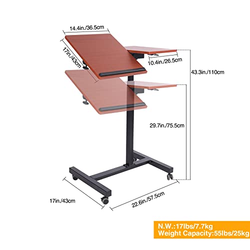 ALUPOM Rolling Laptop Stand Desk,Height & Angle Adjustable Mobile Table Workstation with Locking Wheels for Office Home Couch, 24.8"(L) x17(W)