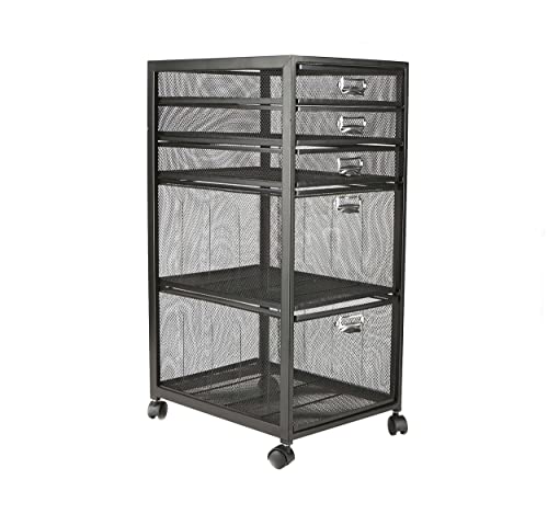 MIND READER Rolling File Cabinet with Drawers [5 Drawers] Craft Cart Organizer with Wheels, Slim Storage for Makeup, Kitchen, Utilities, Office Supplies, and Tools (BLACK MESH)