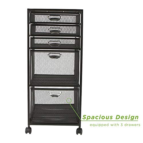 MIND READER Rolling File Cabinet with Drawers [5 Drawers] Craft Cart Organizer with Wheels, Slim Storage for Makeup, Kitchen, Utilities, Office Supplies, and Tools (BLACK MESH)