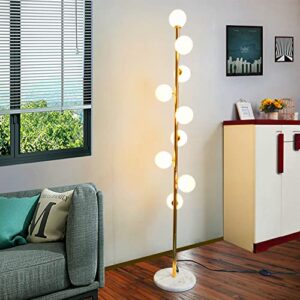beaysyty modern simplicity floor lamp for office cafe den living room bedroom, on/off foot switch, white glass ball lampshade and golden metal lamp body – 9 bulbs included