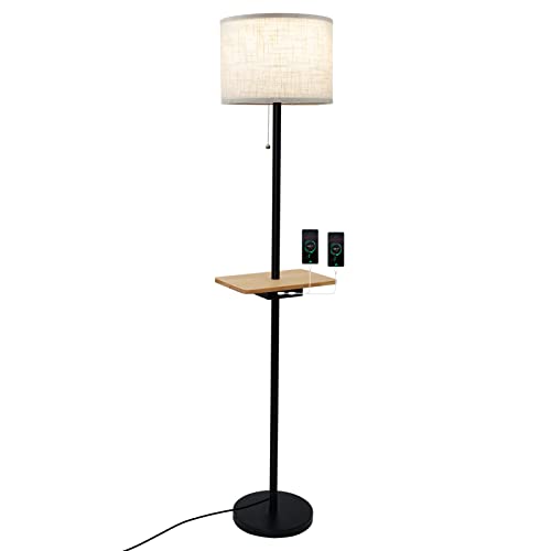 CHH Modern Floor Lamp with Dual USB Ports & Rectangle Tray Table LED Floor lamp for Bedroom, Living Room or Office and Farmhouse Country Lighting - Linen Shade