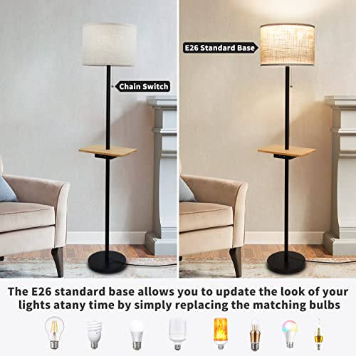 CHH Modern Floor Lamp with Dual USB Ports & Rectangle Tray Table LED Floor lamp for Bedroom, Living Room or Office and Farmhouse Country Lighting - Linen Shade