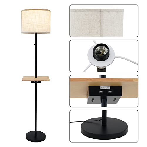 CHH Modern Floor Lamp with Dual USB Ports & Rectangle Tray Table LED Floor lamp for Bedroom, Living Room or Office and Farmhouse Country Lighting - Linen Shade