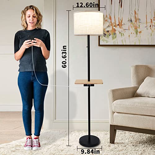 CHH Modern Floor Lamp with Dual USB Ports & Rectangle Tray Table LED Floor lamp for Bedroom, Living Room or Office and Farmhouse Country Lighting - Linen Shade