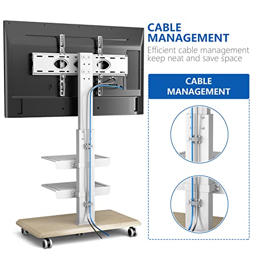 Rolling Floor TV Stand with Swivel Mount for 40-75 Inch Flat Screen/Curved TVs, 3-Shelf Heavy Duty Portable Mobile TV Cart with Wheels, Universal Tall TV Mount Trolley for Home and Office, White