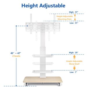 Rolling Floor TV Stand with Swivel Mount for 40-75 Inch Flat Screen/Curved TVs, 3-Shelf Heavy Duty Portable Mobile TV Cart with Wheels, Universal Tall TV Mount Trolley for Home and Office, White