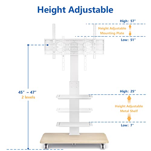 Rolling Floor TV Stand with Swivel Mount for 40-75 Inch Flat Screen/Curved TVs, 3-Shelf Heavy Duty Portable Mobile TV Cart with Wheels, Universal Tall TV Mount Trolley for Home and Office, White