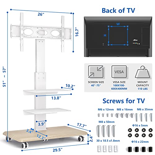 Rolling Floor TV Stand with Swivel Mount for 40-75 Inch Flat Screen/Curved TVs, 3-Shelf Heavy Duty Portable Mobile TV Cart with Wheels, Universal Tall TV Mount Trolley for Home and Office, White