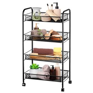 halter 4 tier metal storage shelves with wheels, roller cart wire storage baskets, office rolling cart organizer, black