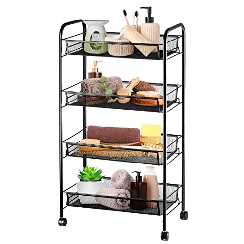 Halter 4 Tier Metal Storage Shelves with Wheels, Roller Cart Wire Storage Baskets, Office Rolling Cart Organizer, Black