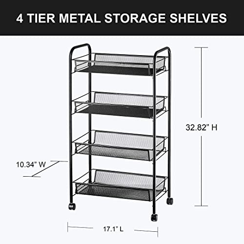 Halter 4 Tier Metal Storage Shelves with Wheels, Roller Cart Wire Storage Baskets, Office Rolling Cart Organizer, Black