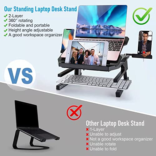 Laptop Stand for Desk Adjustable Height, 2-Layer Laptop Riser with 360 Swivel Base, Portable Ergonomic Computer Stand Holder, Foldable Laptop Stand Compatible with MacBook, All Laptops 10-15.6", Black