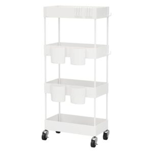 CAXXA 4-Tier Rolling Storage Organizer with 4 Small Baskets - Mobile Utility Cart with Caster Wheels, White