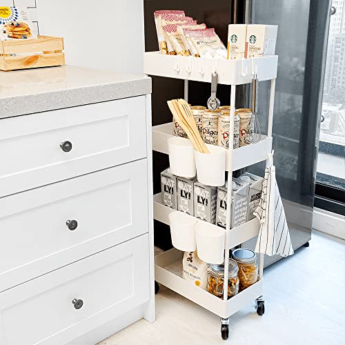 CAXXA 4-Tier Rolling Storage Organizer with 4 Small Baskets - Mobile Utility Cart with Caster Wheels, White