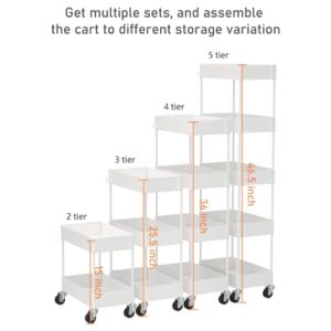 CAXXA 4-Tier Rolling Storage Organizer with 4 Small Baskets - Mobile Utility Cart with Caster Wheels, White